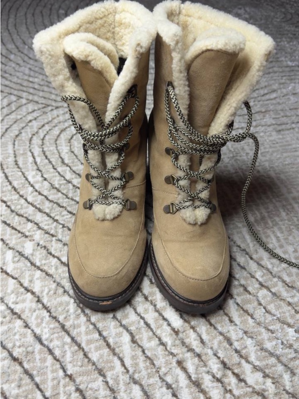 Stuart Weitzman Tan Suede Shearling Lace-Up Winter Boots